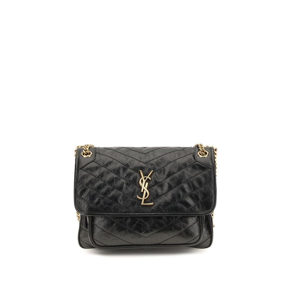 Saint Laurent Niki Medium Black Crinkled Leather Shoulder Bag