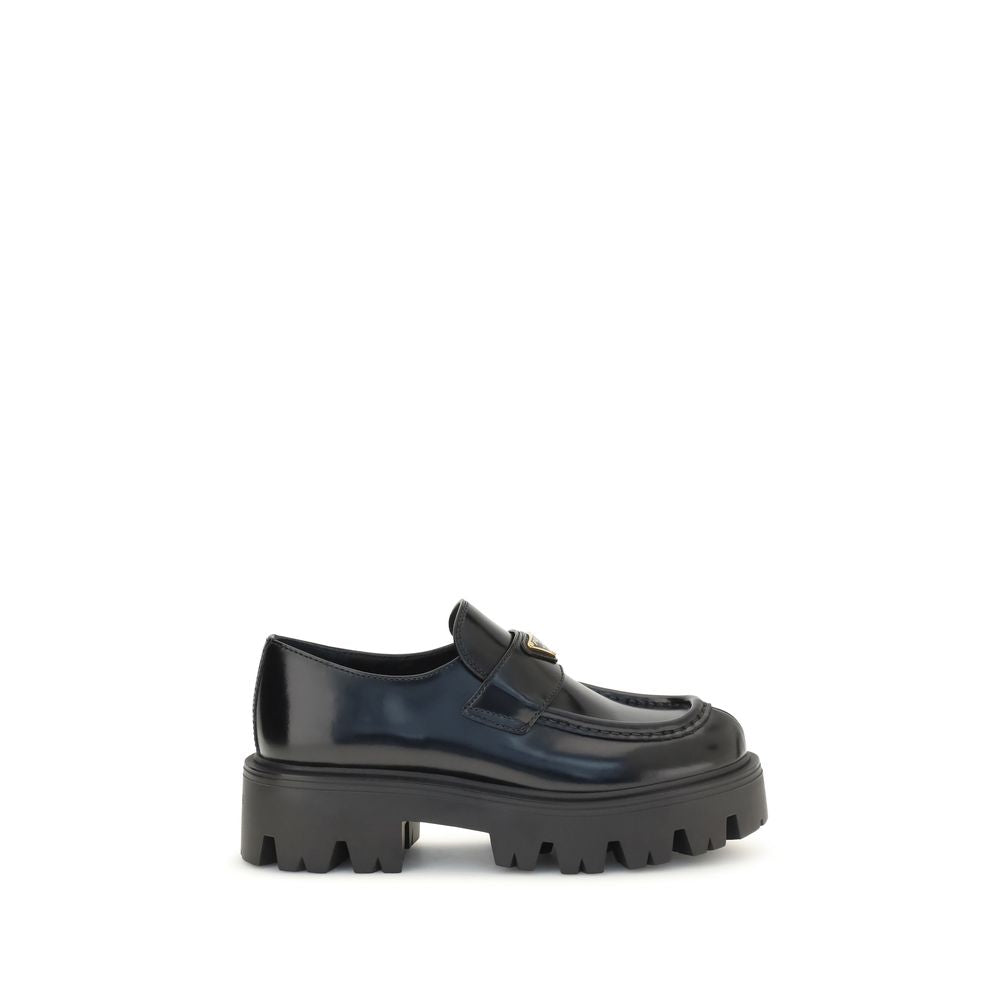 Prada Triangle Logo Black Brushed Leather Loafers