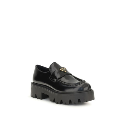 Prada Triangle Logo Black Brushed Leather Loafers