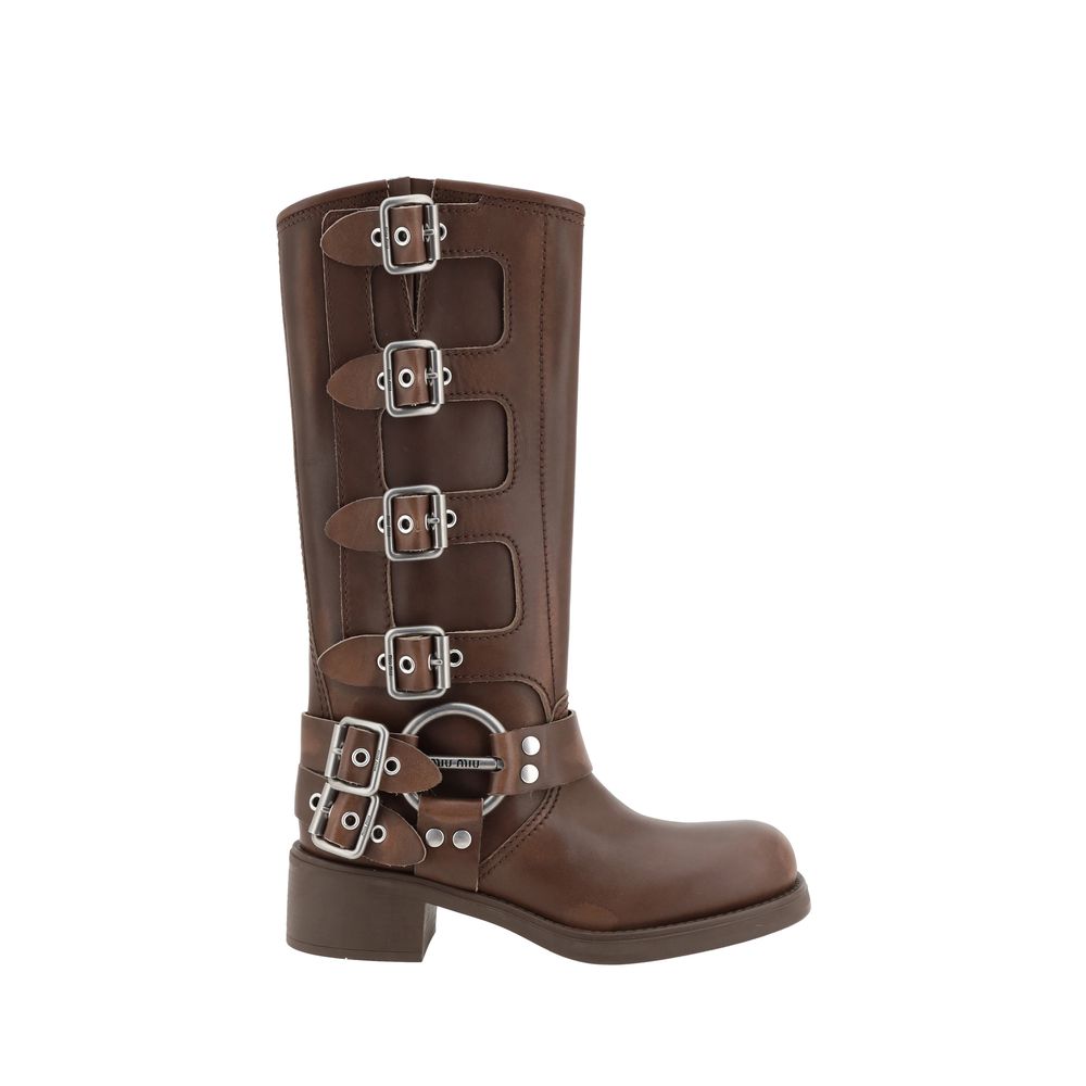 Miu Miu Biker Brown Calf Leather Ankle Boots