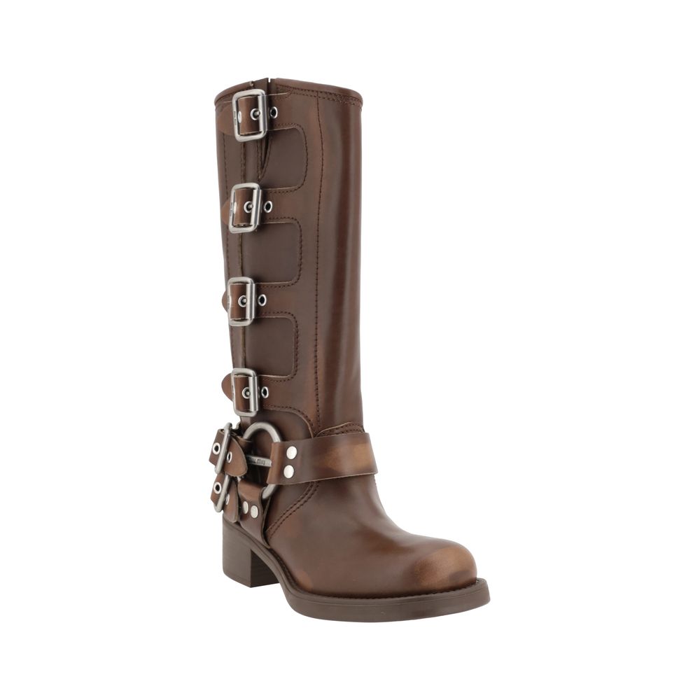 Miu Miu Biker Brown Calf Leather Ankle Boots