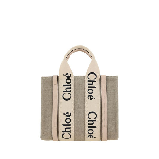 Chloé Woody Small Beige Linen Canvas Tote Bag