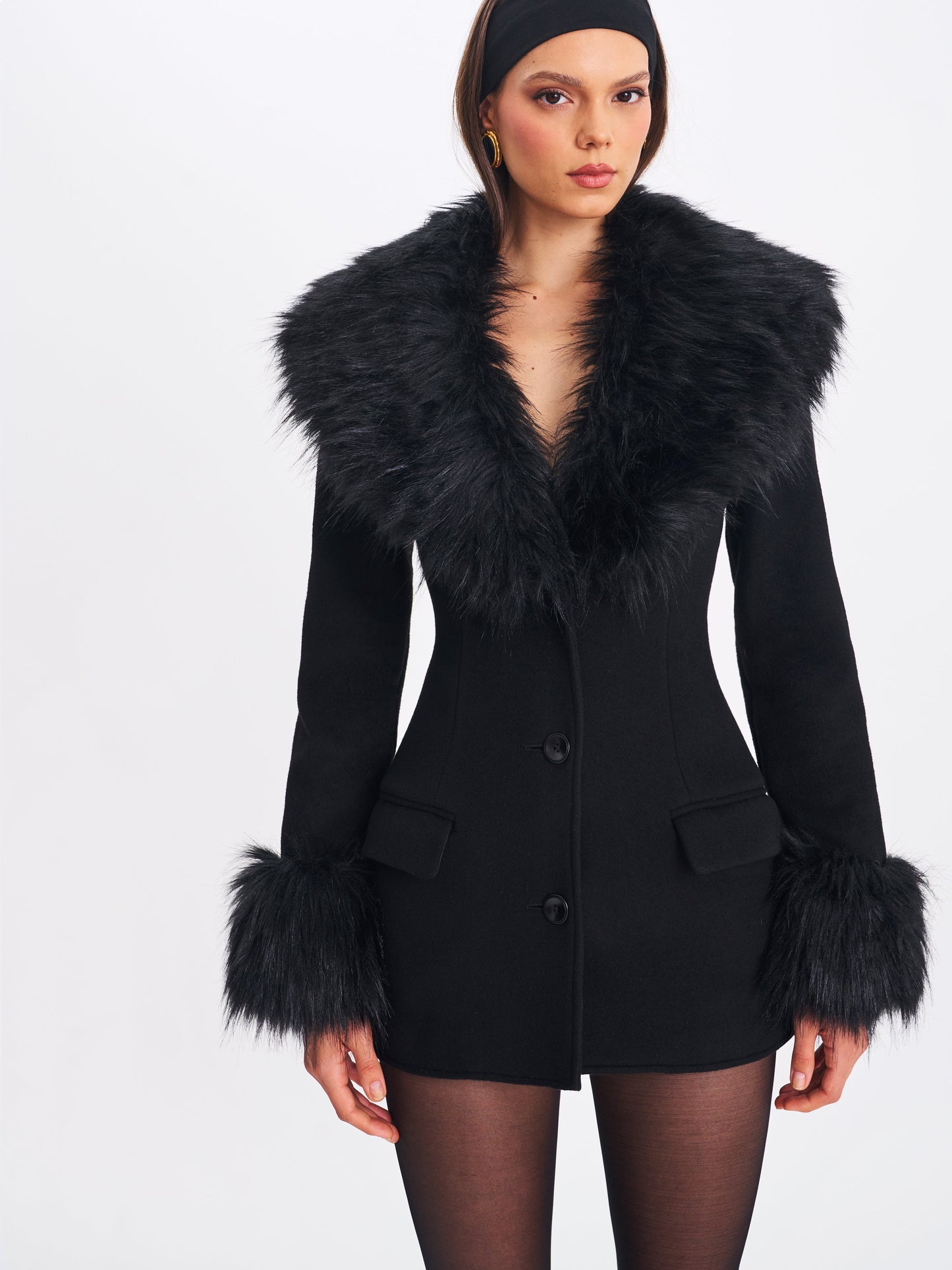 Hailee Black Single Breasted Wool Blend Mini Coat with Removable Fur Lapel
