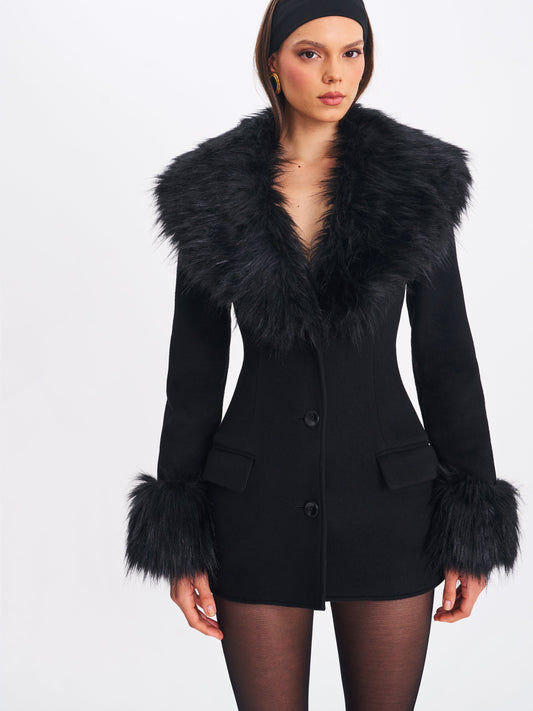 Hailee Black Single Breasted Wool Blend Mini Coat with Removable Fur Lapel