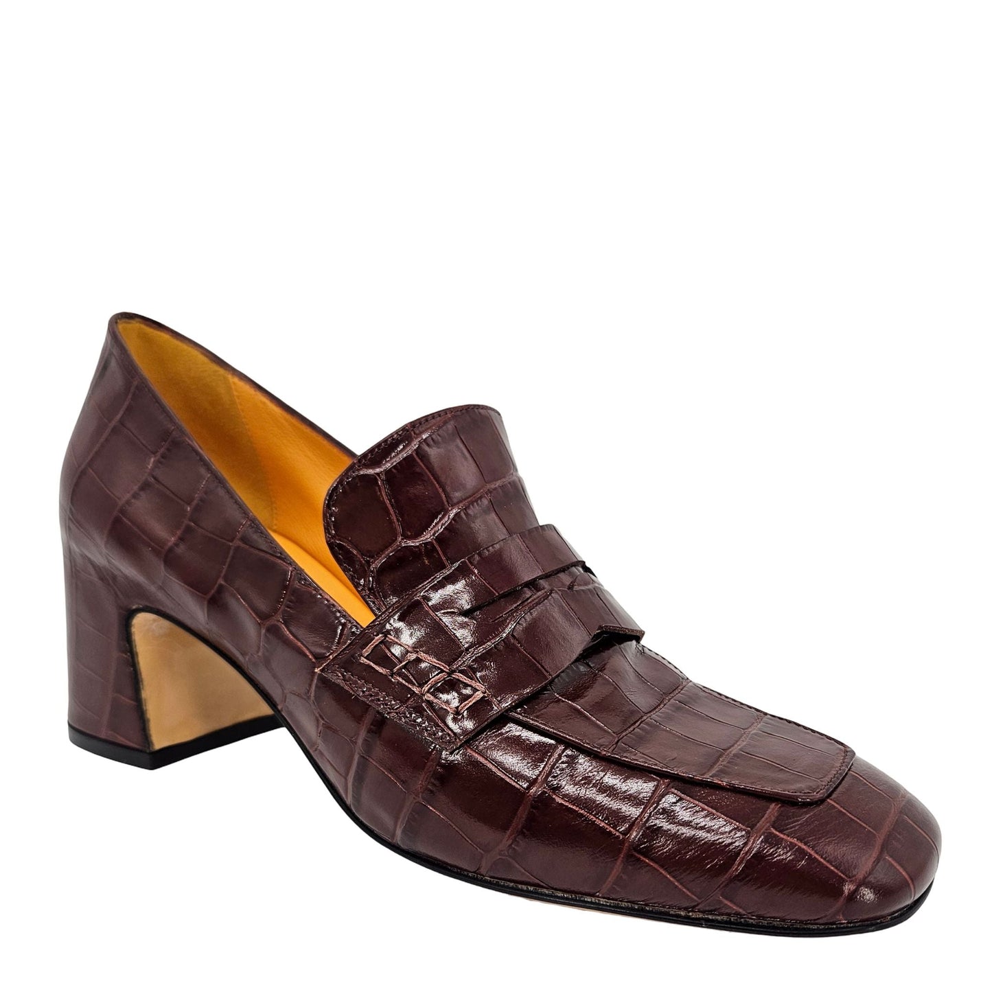 Madison Maison Chocolate Croc-Embossed Leather Block Heel Loafers