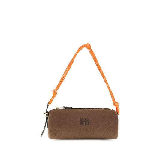 Miu Miu Embroidered Logo Brown Cotton Shoulder Bag
