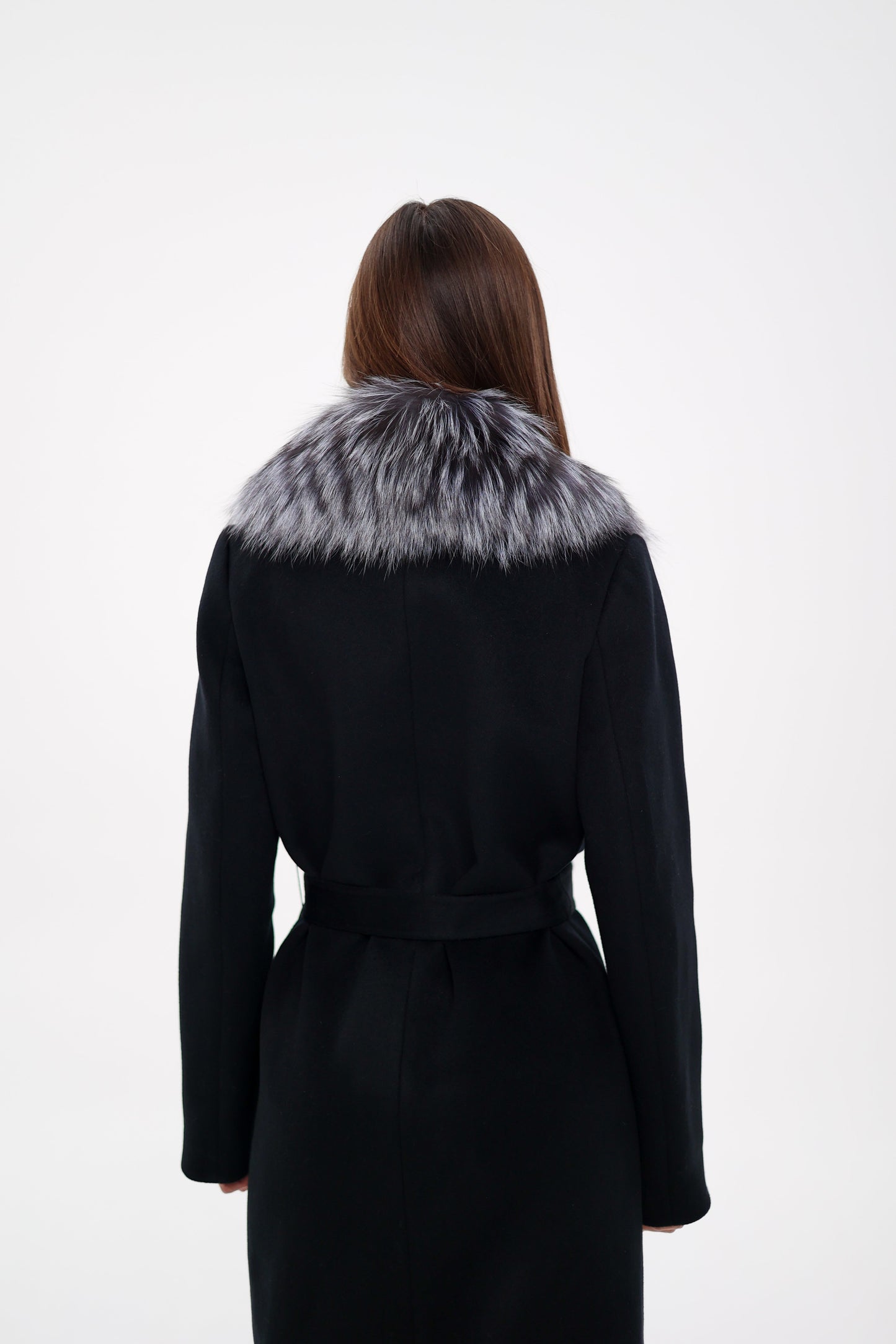 Silver Fox Virgin Wool Wrap Coat in Black