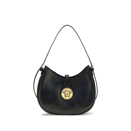 Versace Small Emblème Hobo Black Calf Leather Shoulder Bag