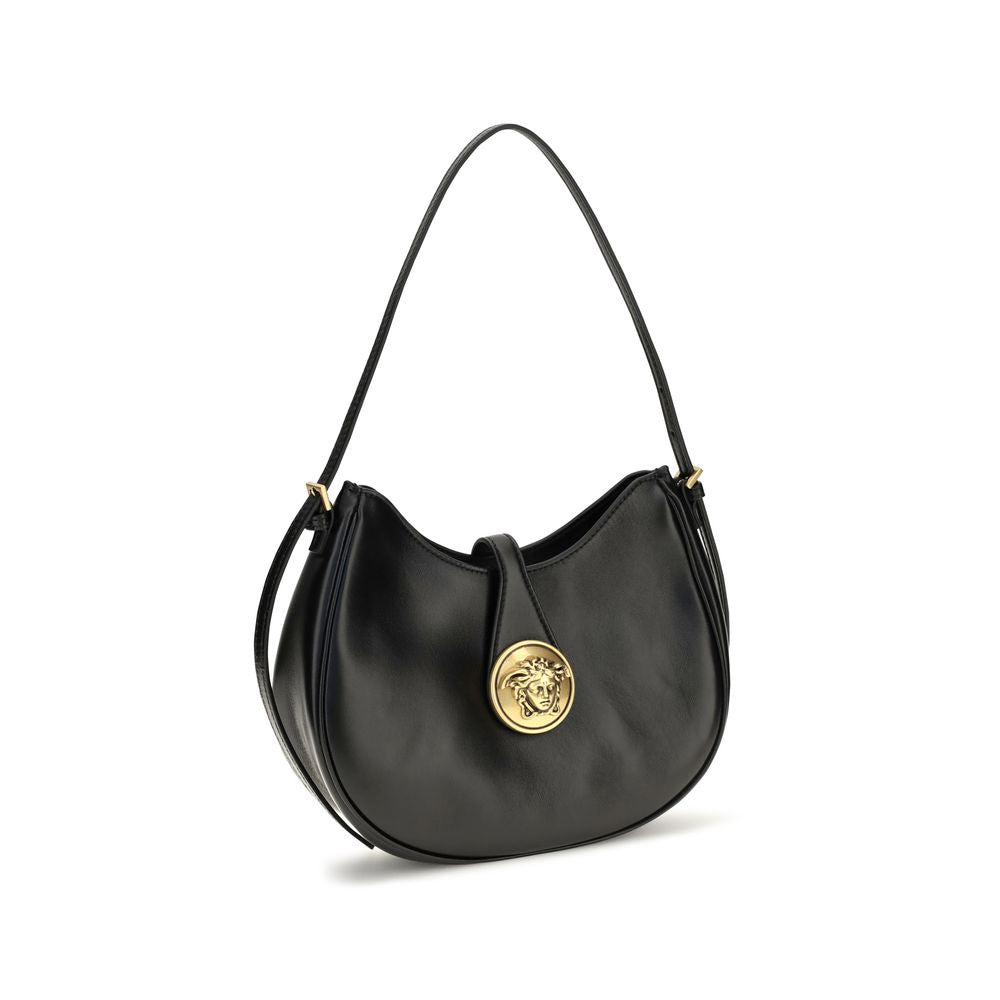Versace Small Emblème Hobo Black Calf Leather Shoulder Bag