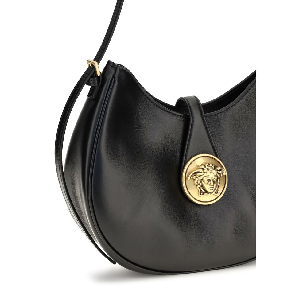Versace Small Emblème Hobo Black Calf Leather Shoulder Bag