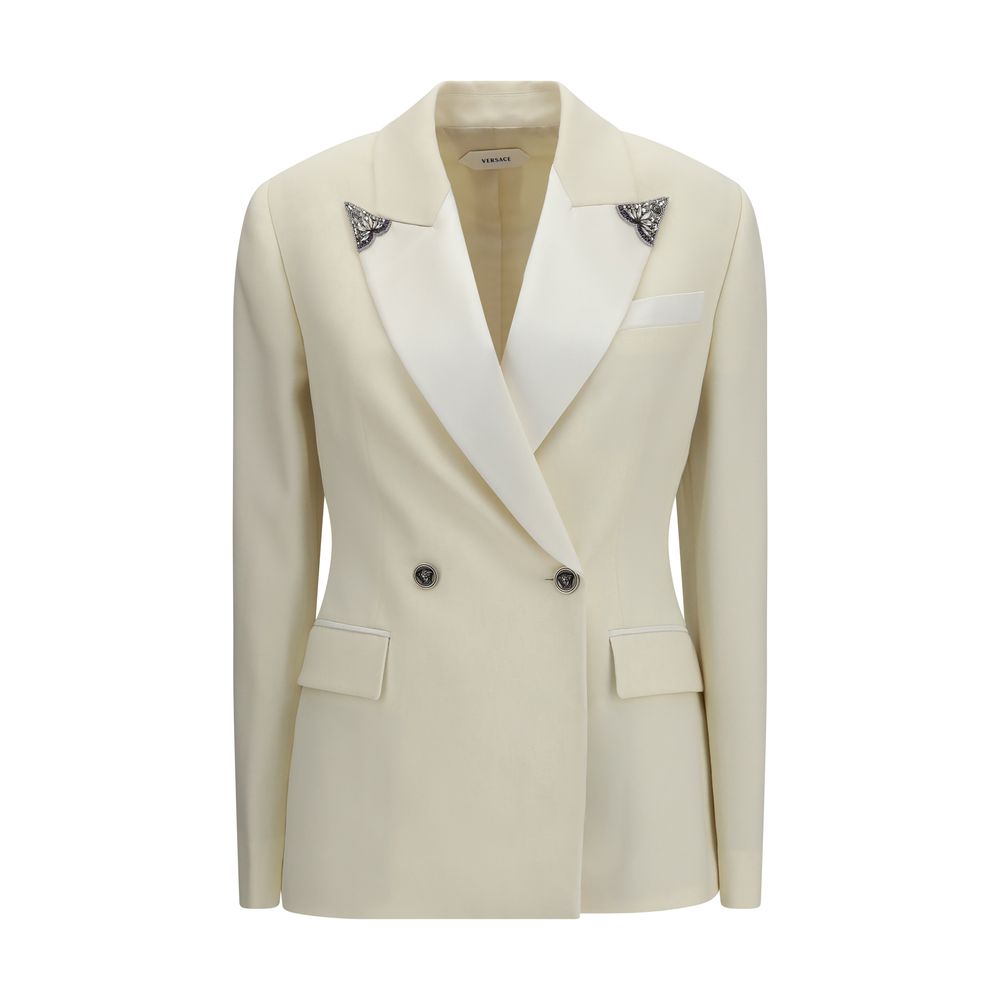 Versace Cream Embroidered-Lapel Stretch Wool Blazer