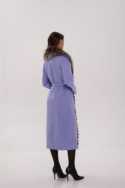 Silver Fox Virgin Wool Wrap Coat in Lavender