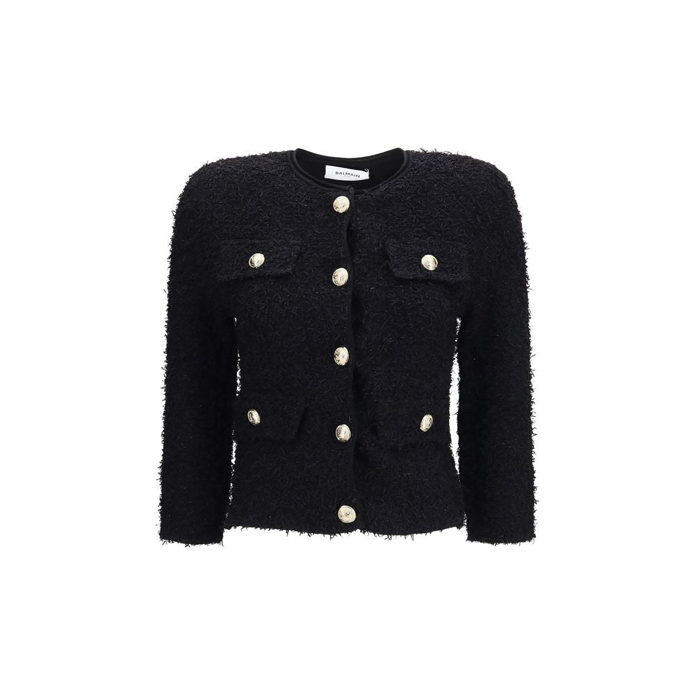 Balmain Black Metallic Tweed Cropped Jacket