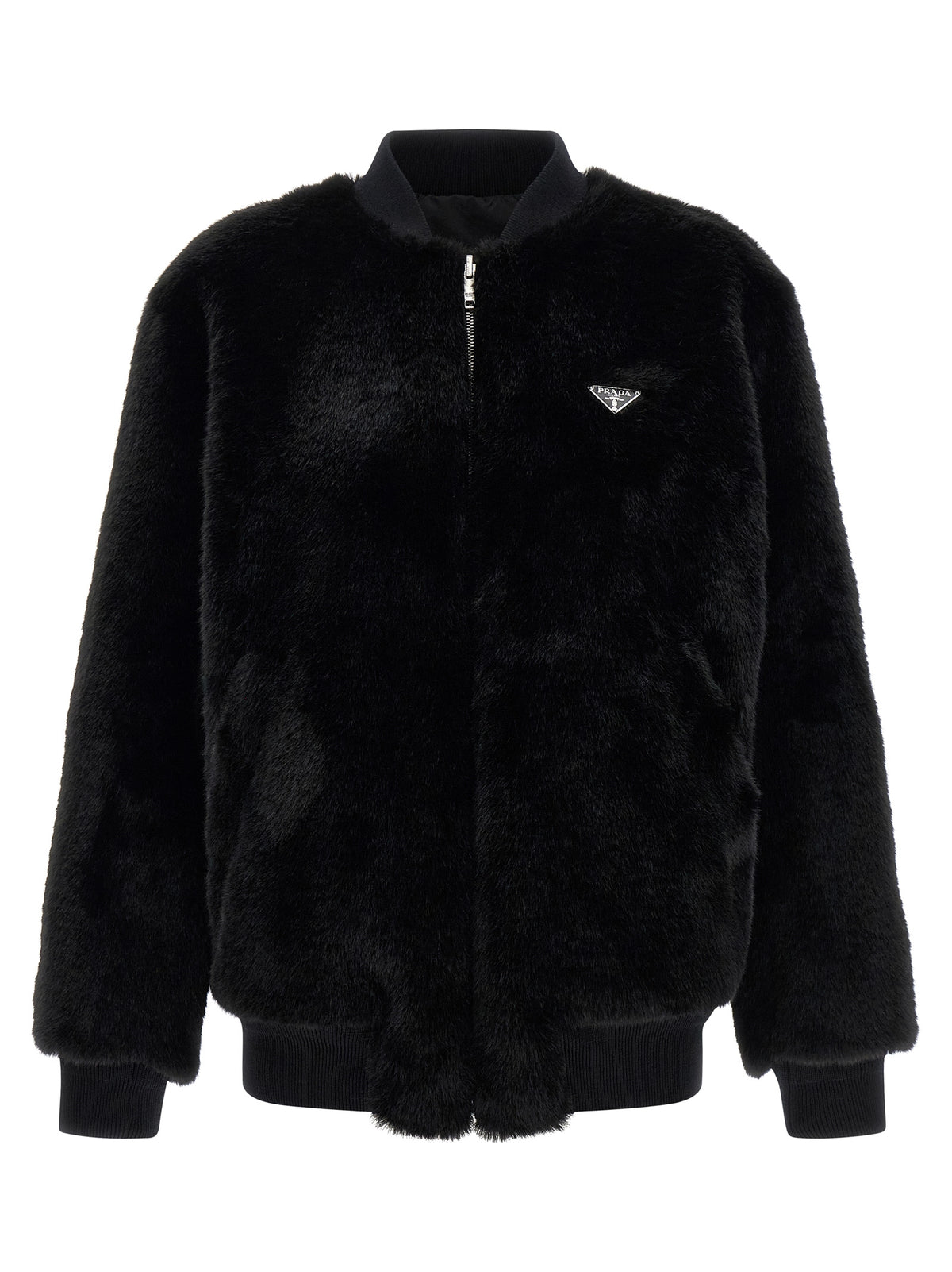 Prada Black Reversible Re-Nylon Faux Fur Bomber Jacket