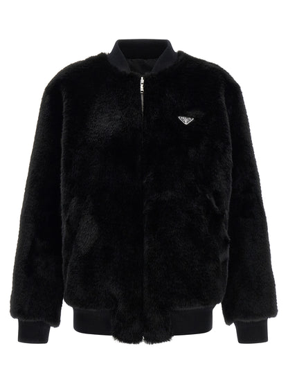 Prada Black Reversible Re-Nylon Faux Fur Bomber Jacket