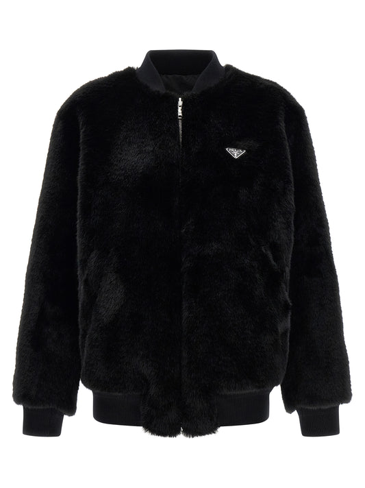 Prada Black Reversible Re-Nylon Faux Fur Bomber Jacket