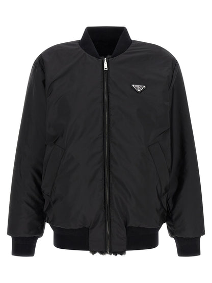 Prada Black Reversible Re-Nylon Faux Fur Bomber Jacket