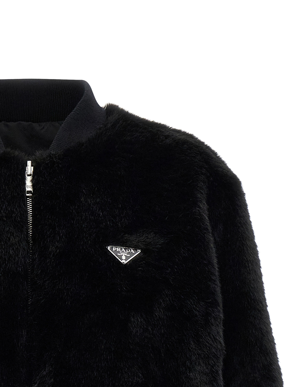 Prada Black Reversible Re-Nylon Faux Fur Bomber Jacket