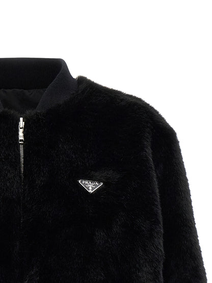 Prada Black Reversible Re-Nylon Faux Fur Bomber Jacket
