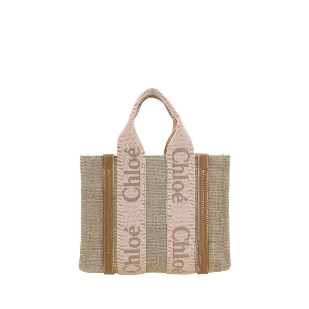 Chloé Woody Small Linen & Leather Top Handle Bag