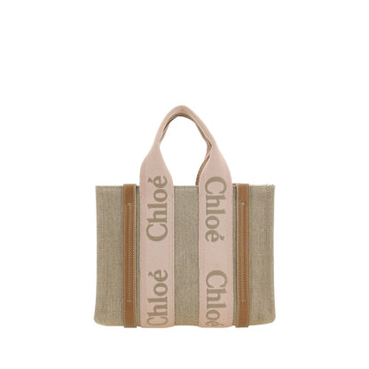 Chloé Woody Small Linen & Leather Top Handle Bag