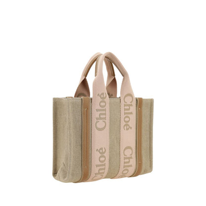 Chloé Woody Small Linen & Leather Top Handle Bag