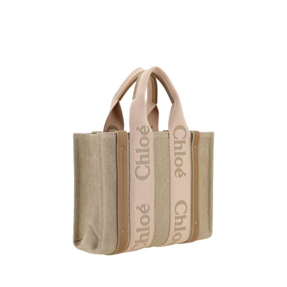 Chloé Woody Small Linen & Leather Top Handle Bag