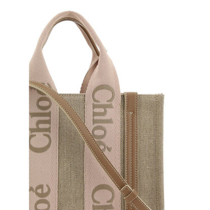 Chloé Woody Small Linen & Leather Top Handle Bag