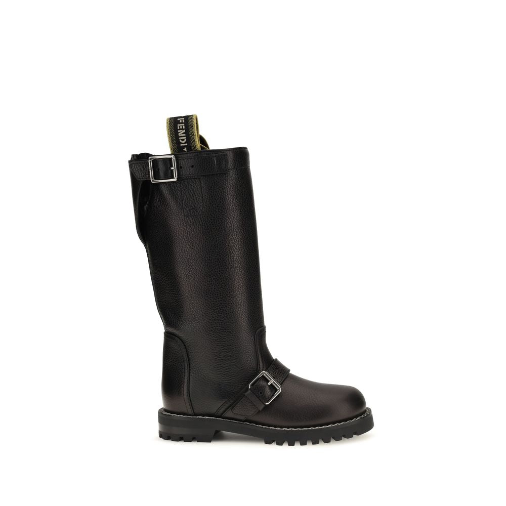 Fendi Glossy Black Calfskin Biker Boots