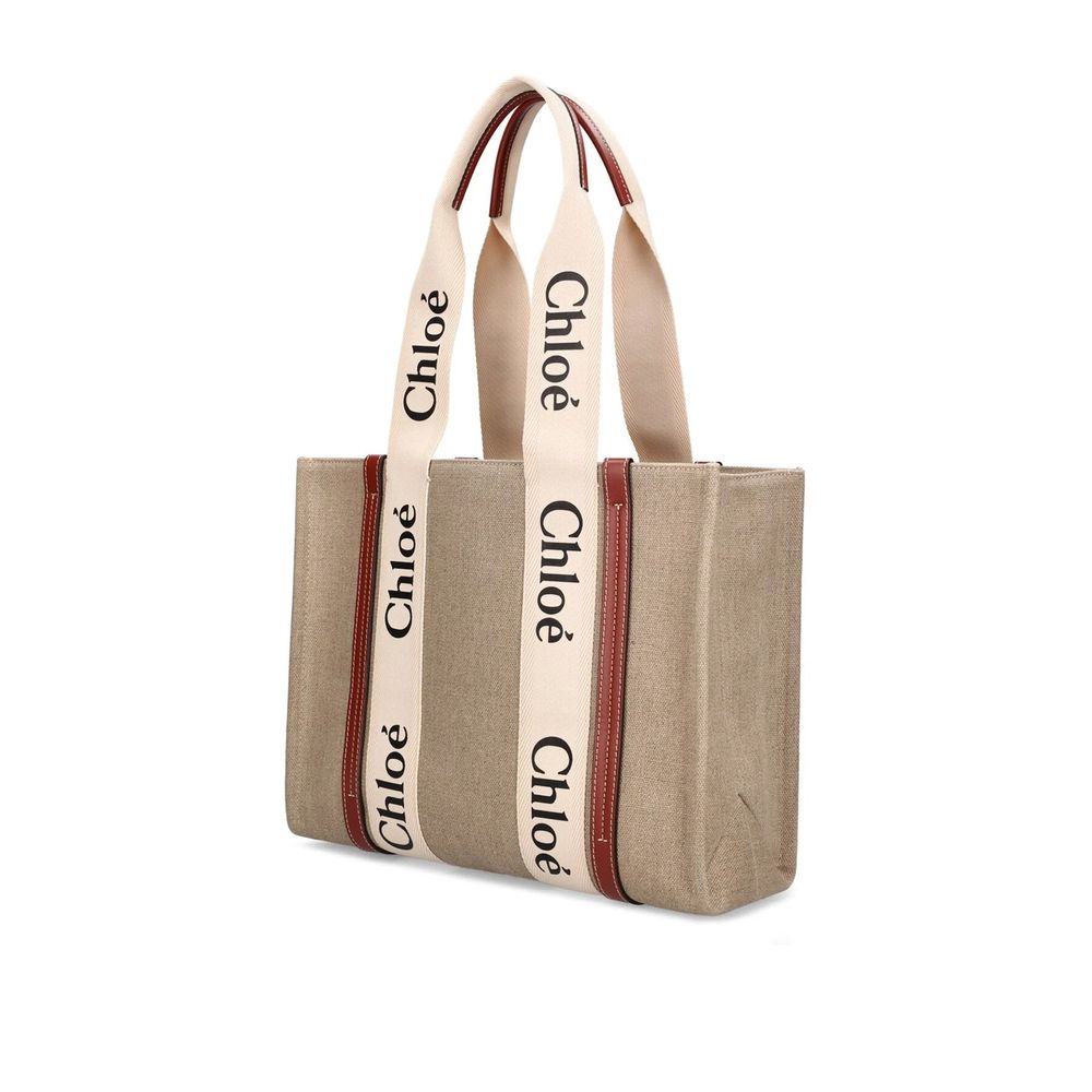 Chloé Beige Linen Leather Trim Tote Bag