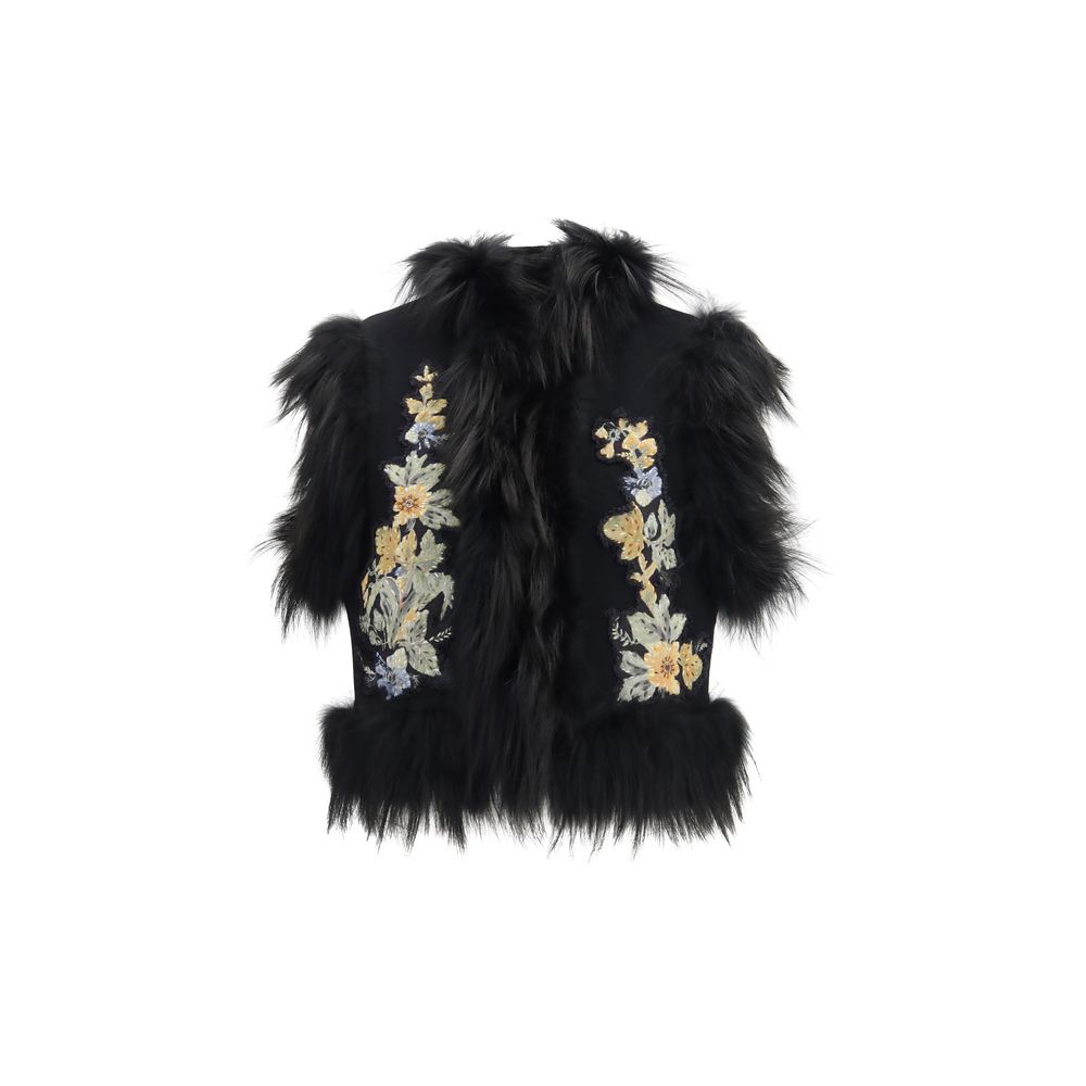 Fendi Black Virgin Wool Floral Embroidered Vest