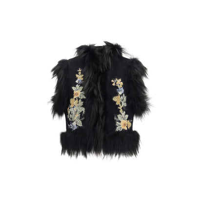 Fendi Black Virgin Wool Floral Embroidered Vest