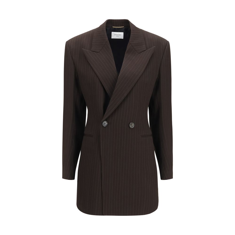 Saint Laurent Brown Pinstripe Mélange Wool Double-Breasted Jacket