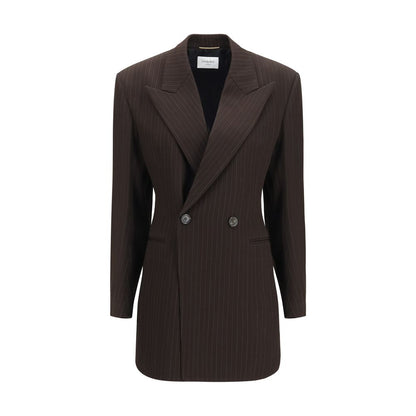 Saint Laurent Brown Pinstripe Mélange Wool Double-Breasted Jacket