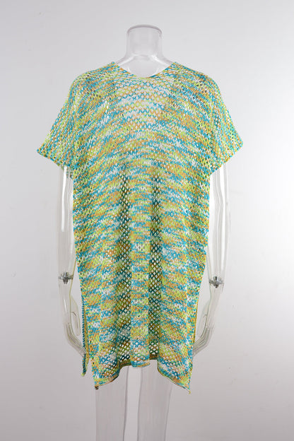 Blouse Summer Rainbow Stitching Hollow Out Cutout Loose Bikini Beach Shirt Knitwear