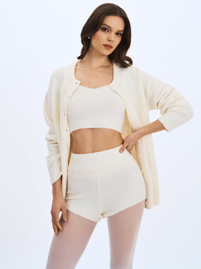 Selene White Wool-Blend Ribbed Knit V-Neck Top