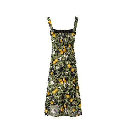 Summer Legal Women Clothing Sling Square Collar Fruit Printed Split Holiday Dress