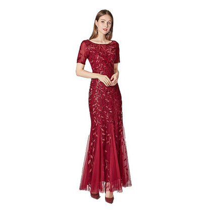 Summer Autumn Banquet Host Slim Mesh Sequ Evening Dress Fishtail Dress for Women