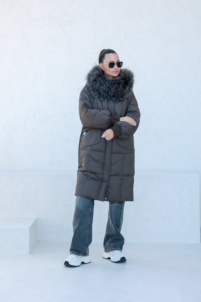 Lauren Genuine Fur Trim Down Fill Coat in Tobacco