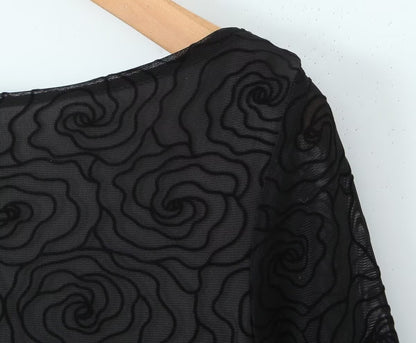 Sexy Pure Black Floral Line round Neck Long Sleeve A line Dress Women Slim Fit Cinched Short Dress Slimming