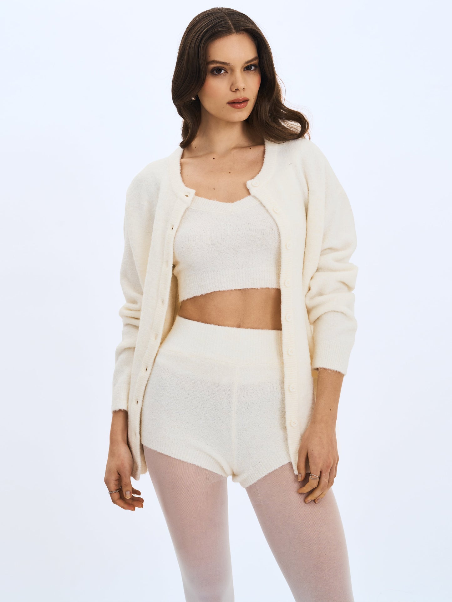 Selene White Wool-Blend Ribbed Knit V-Neck Top