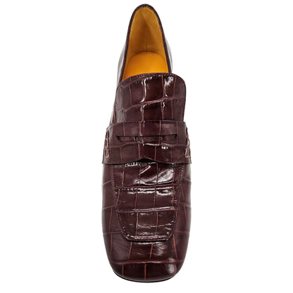 Madison Maison Chocolate Croc-Embossed Leather Block Heel Loafers