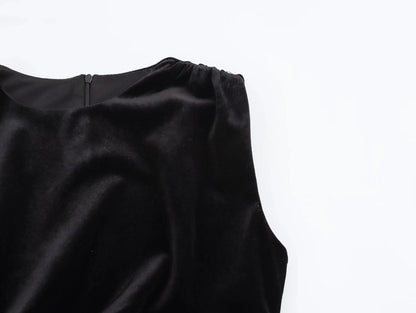 Spring Women Elegant Velvet Texture Pleated Midi Dress