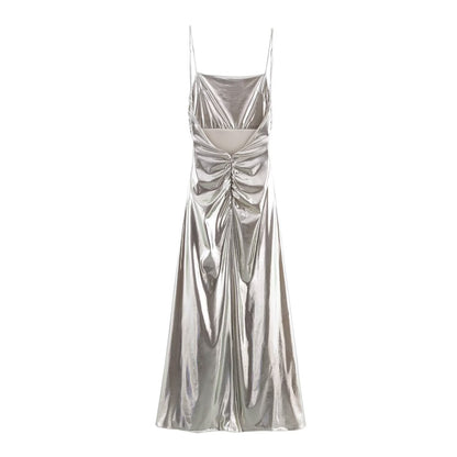 Women Clothing Metal Foil Pleated Slim Strap Dress