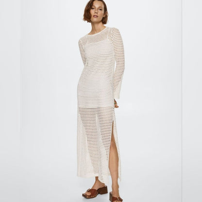 Spring Summer Vacation Beach Blouse Sexy Knitted Hollow Out Cutout out Maxi Dress Beach Cover Up Dress
