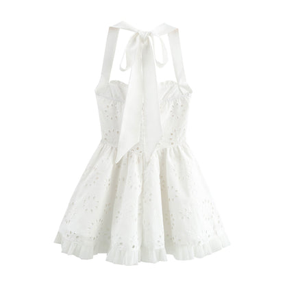 Women Sweet Cutout Embroidery Lace Stitching Halter Lace up Dress