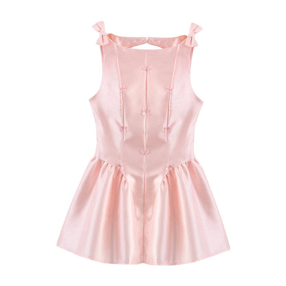 Women Clothing Summer Sexy Hollow Out Cutout Back Sleeveless Bowknot Decorative Pettiskirt Short Dress