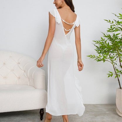 Multi Color Sexy Mesh See through Pajamas Suspenders Pearl Nightdress Evening Maxi Dress