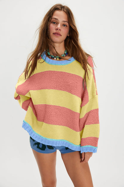 Autumn Winter Contrast Color Striped Sweater Women Pullover Fashionable Knitted Loose Lazy Top Autumn Winter Sweater Women