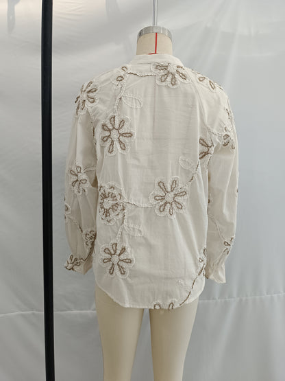 Women Clothing Spring Sweet Floral Embroidered Mini Shirt